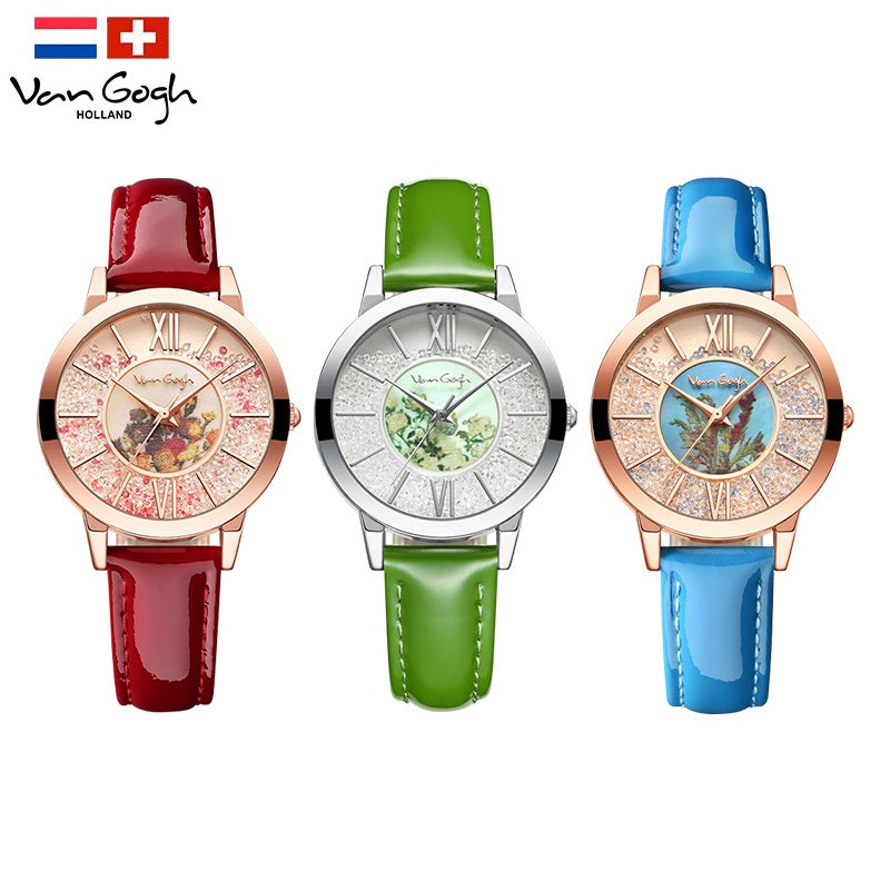 Women's quartz artistic watch set, red/green/blue leather straps