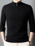 Men's plus size quarter-zip long sleeve knit sweater in black, ribbed cuffs and hem
