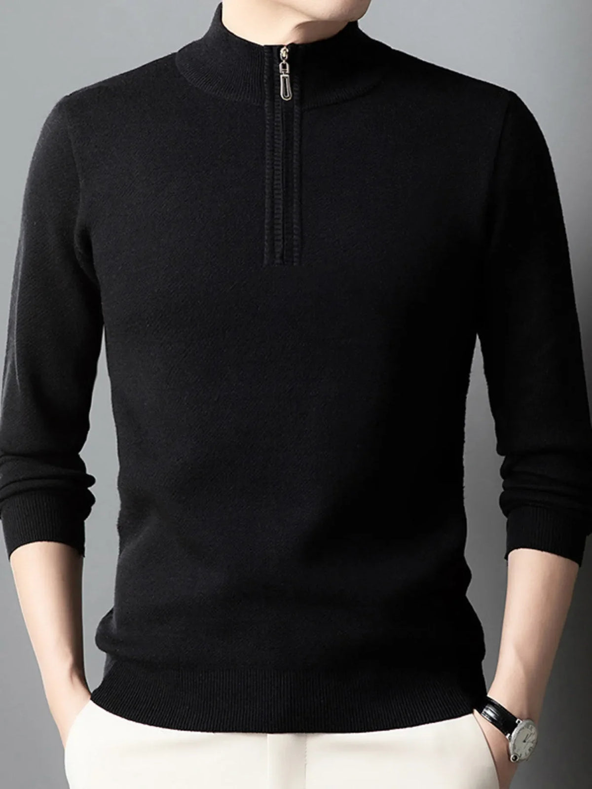 Men's plus size quarter-zip long sleeve knit sweater in black, ribbed cuffs and hem