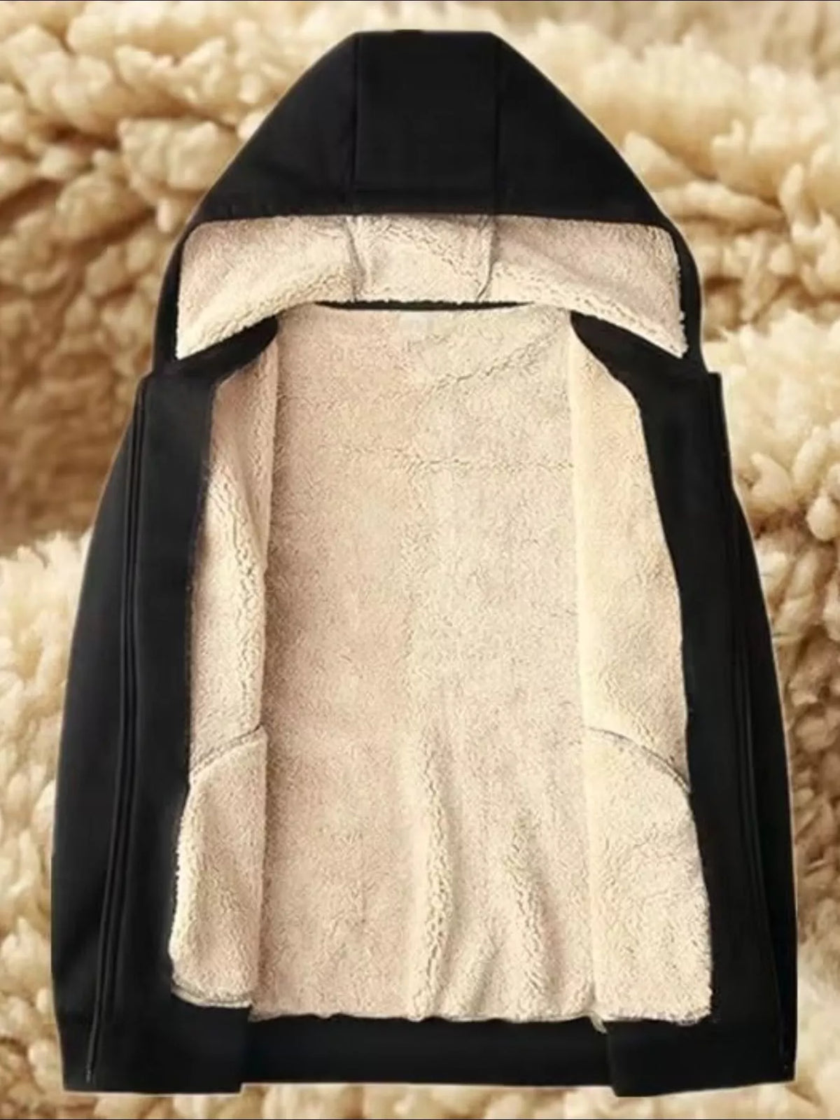 Black zip-up hooded fleece jacket with beige sherpa interior lining, open front