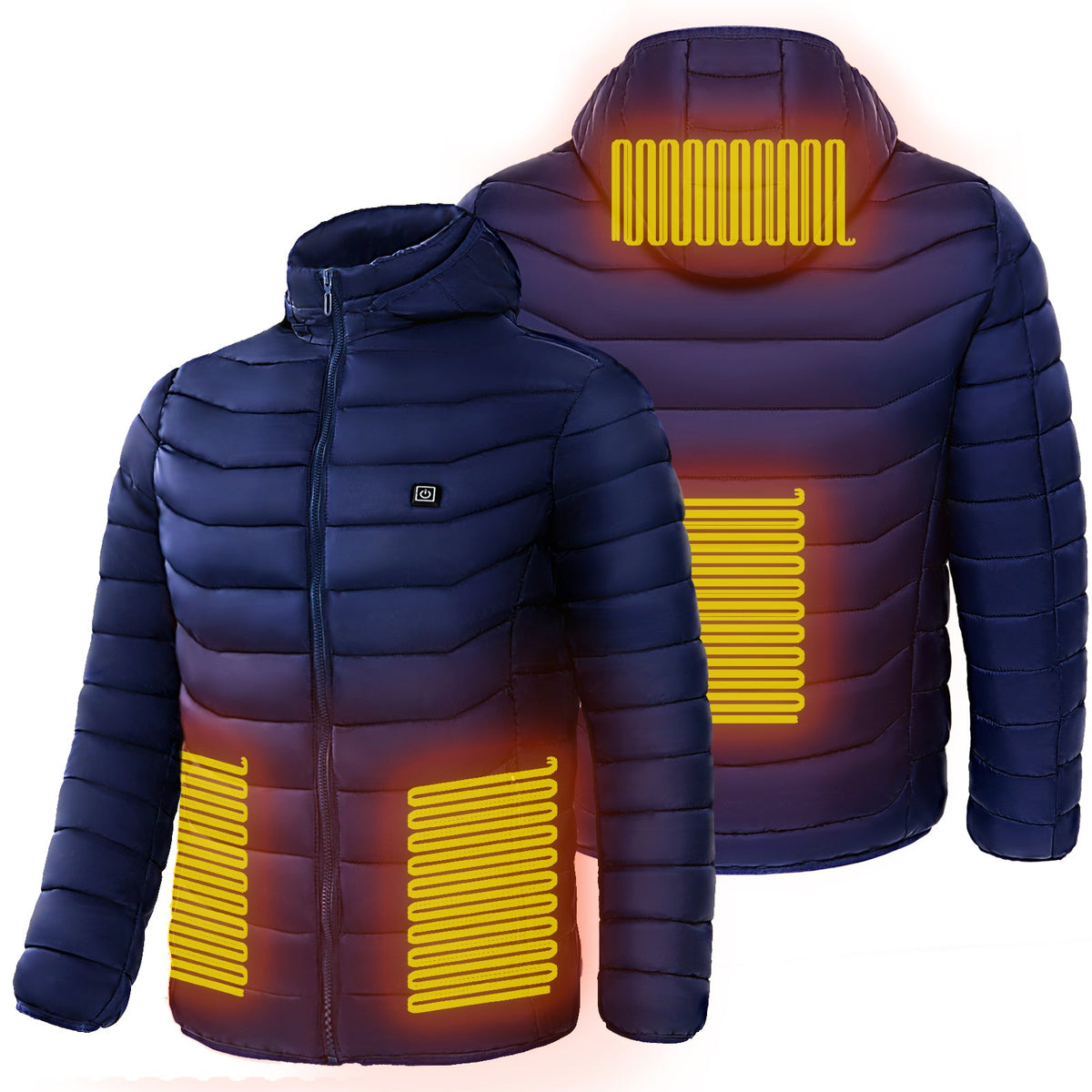 Men heated puffer jacket in navy and black, front and back views with glowing zones