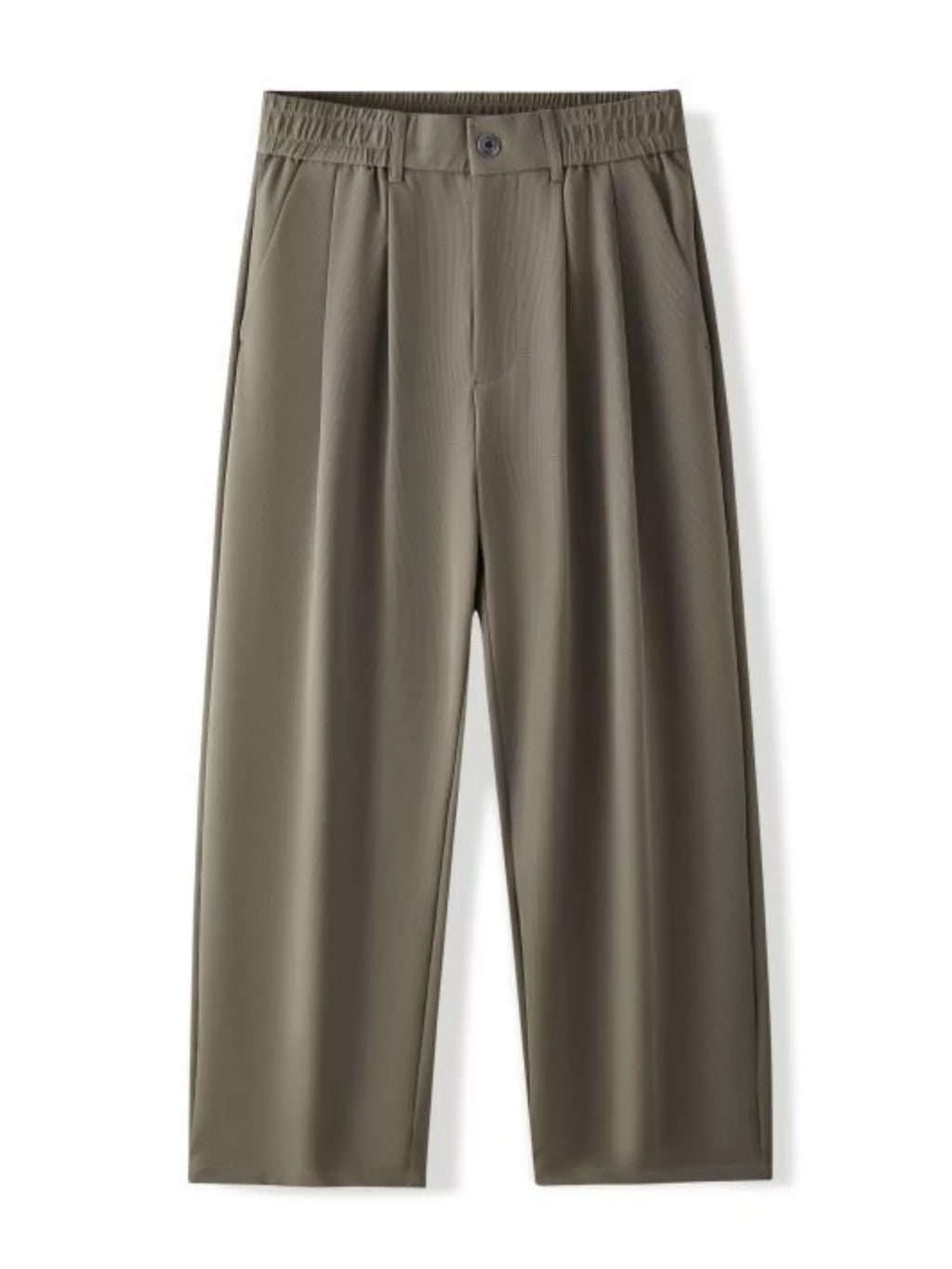 Olive-brown relaxed trousers with elastic waistband and pleated front