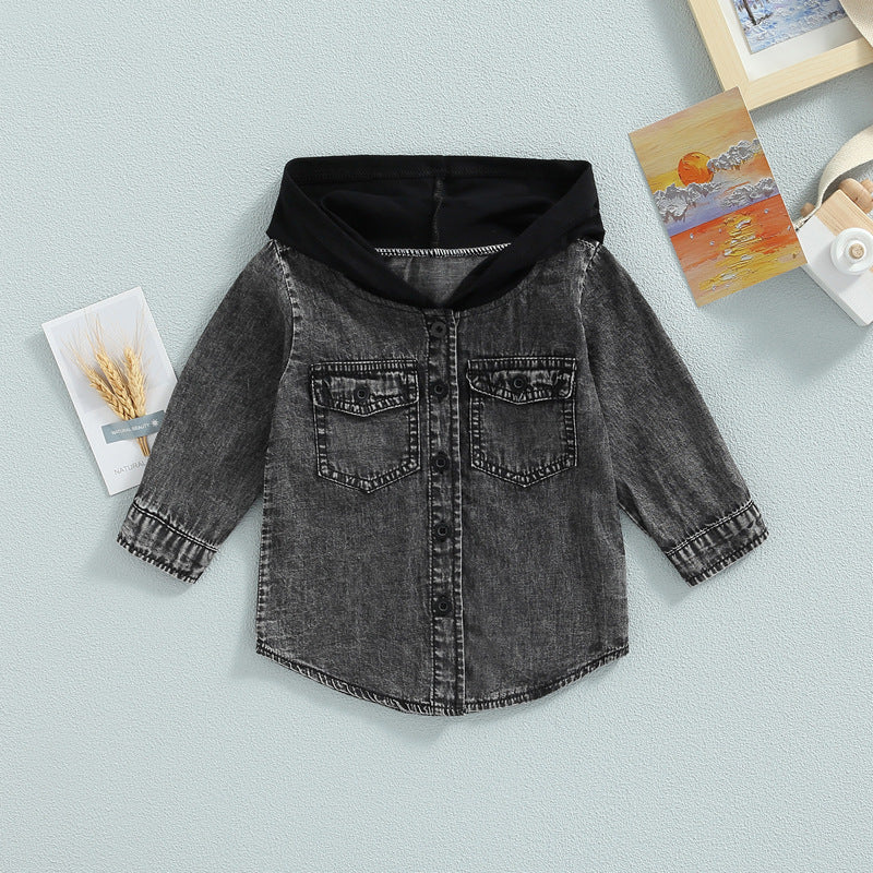 Dark gray hooded denim top with black hood lining, button front, and flap chest pockets