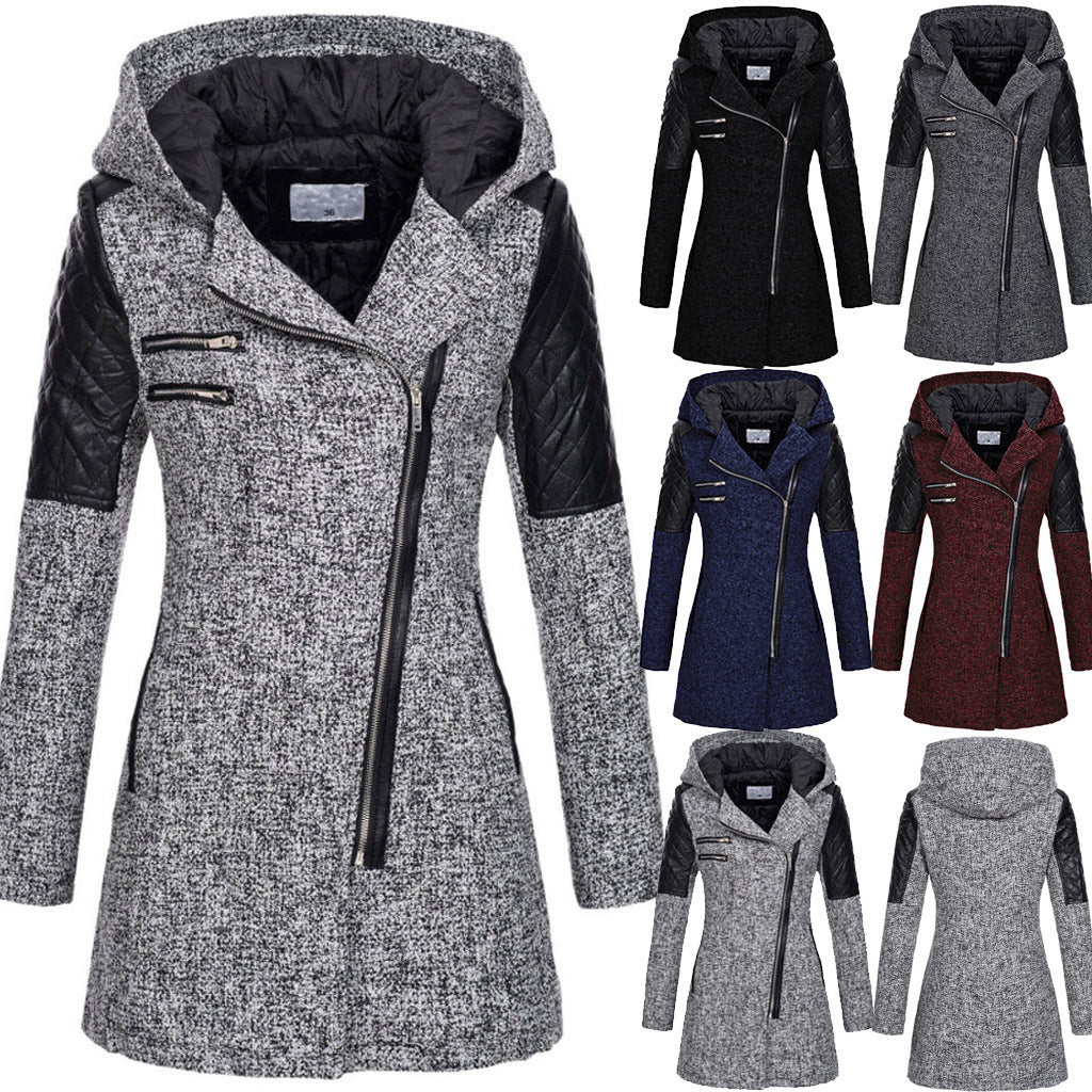 Women’s wool coat with hood, quilted sleeves, diagonal full zip, light gray textured fabric