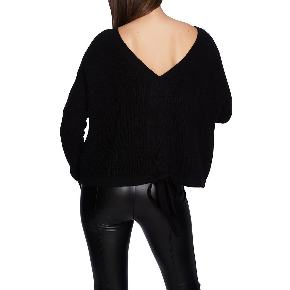 Black waffle-stitch pullover sweater with V-back lace-up tie