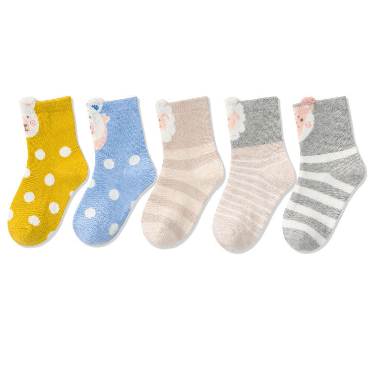 Children’s animal tube socks in yellow, blue, beige, and gray with bunny accents