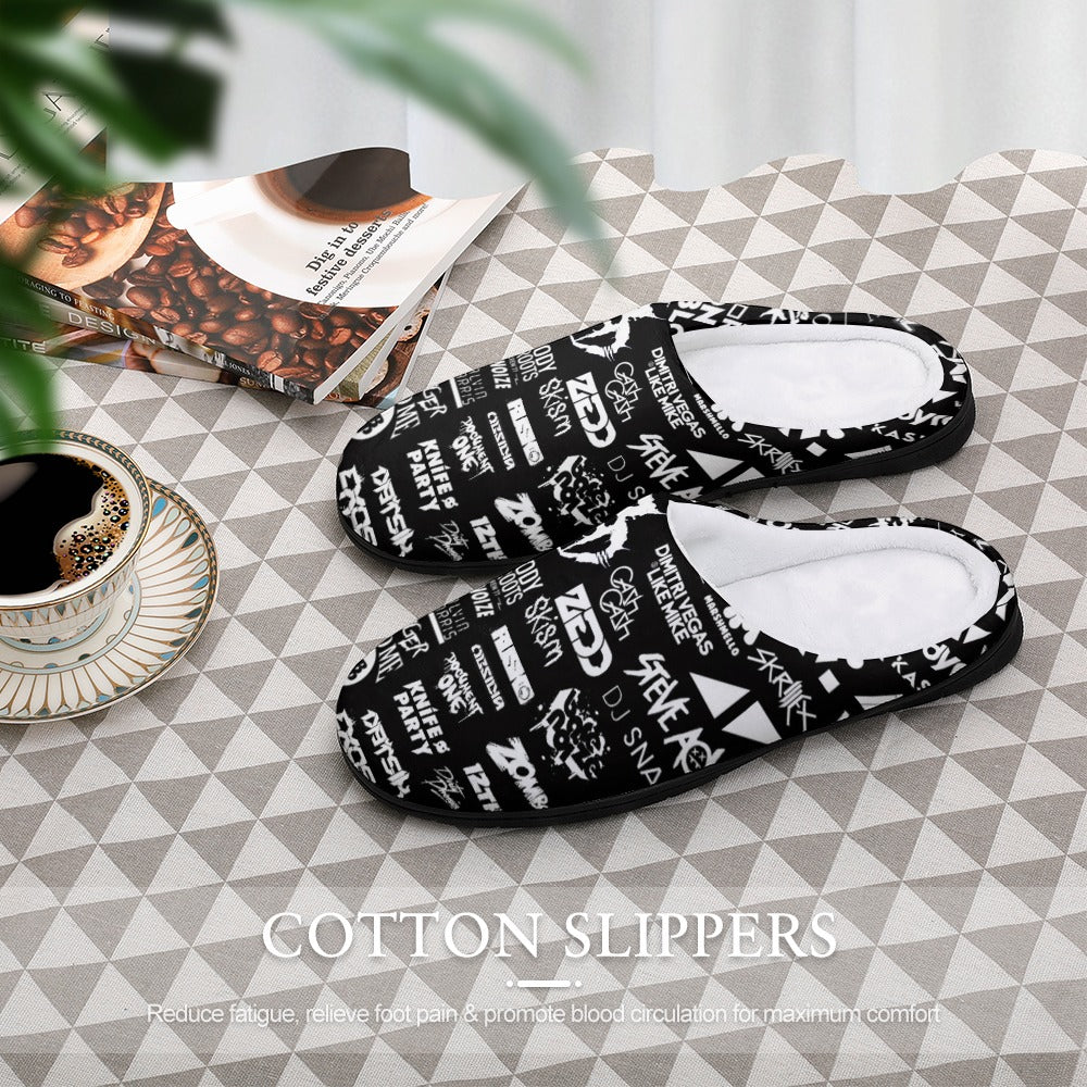 Black cotton slip-on slippers with white graphic word pattern and cushioned white lining