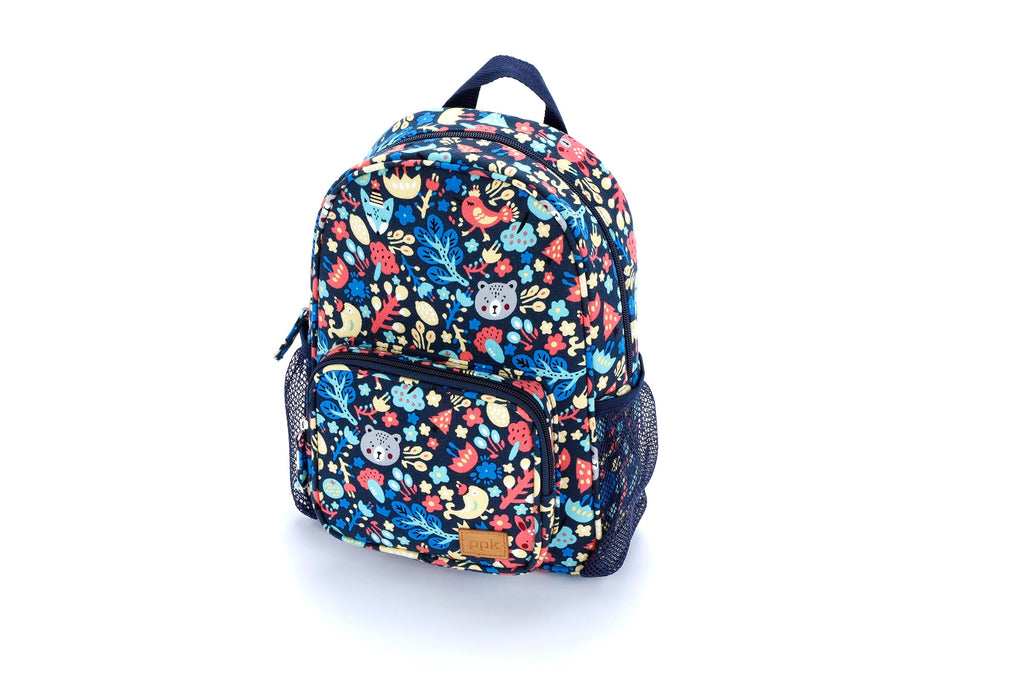 Kids mini backpack with navy forest animal print, top handle and front pocket