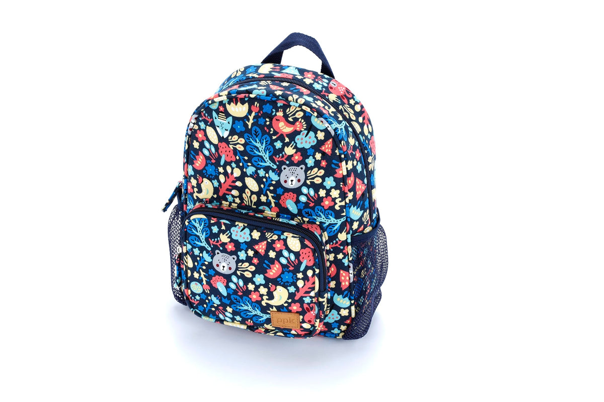 Kids mini backpack with navy forest animal print, top handle and front pocket