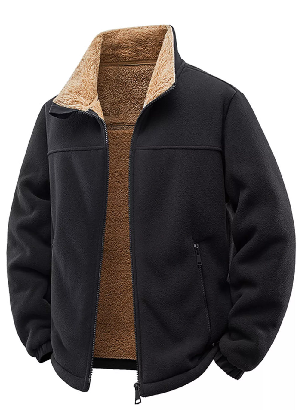 Men's plus-size zip-up fleece jacket, black with tan sherpa collar and zip front pockets.