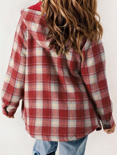 Women’s red plaid hooded snap jacket with button front and long sleeves