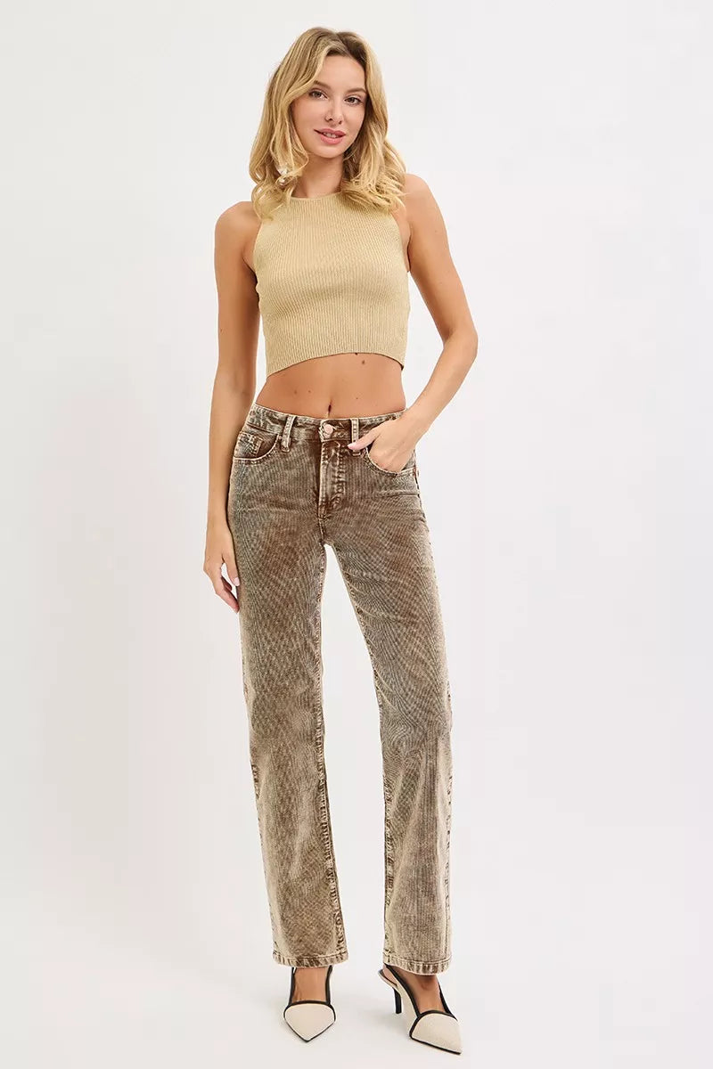 Mocha corduroy straight-leg pants with mid-rise fit and front button closure
