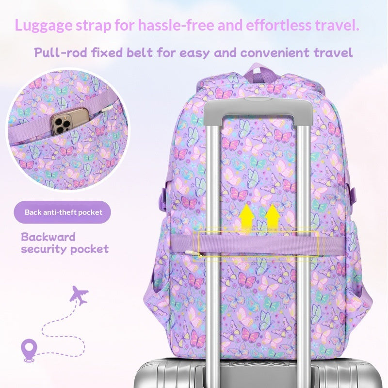 Lavender patterned backpack set with butterfly front design and luggage strap