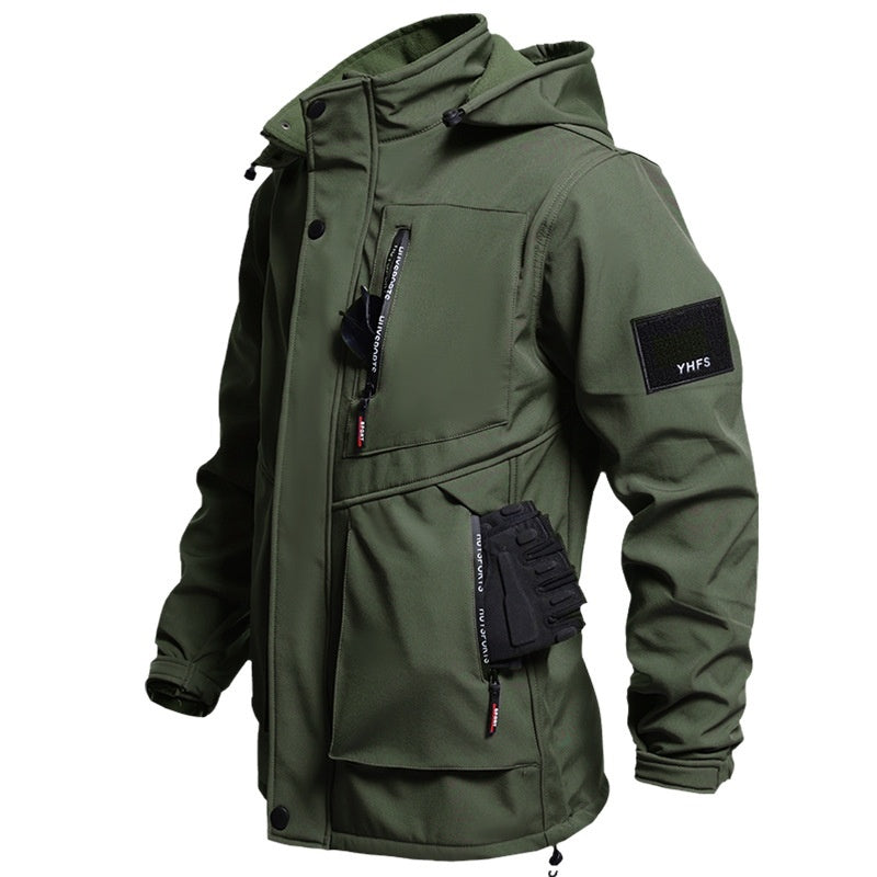 Dark green fleece-lined waterproof jacket and cargo pants set with hood and zip pockets