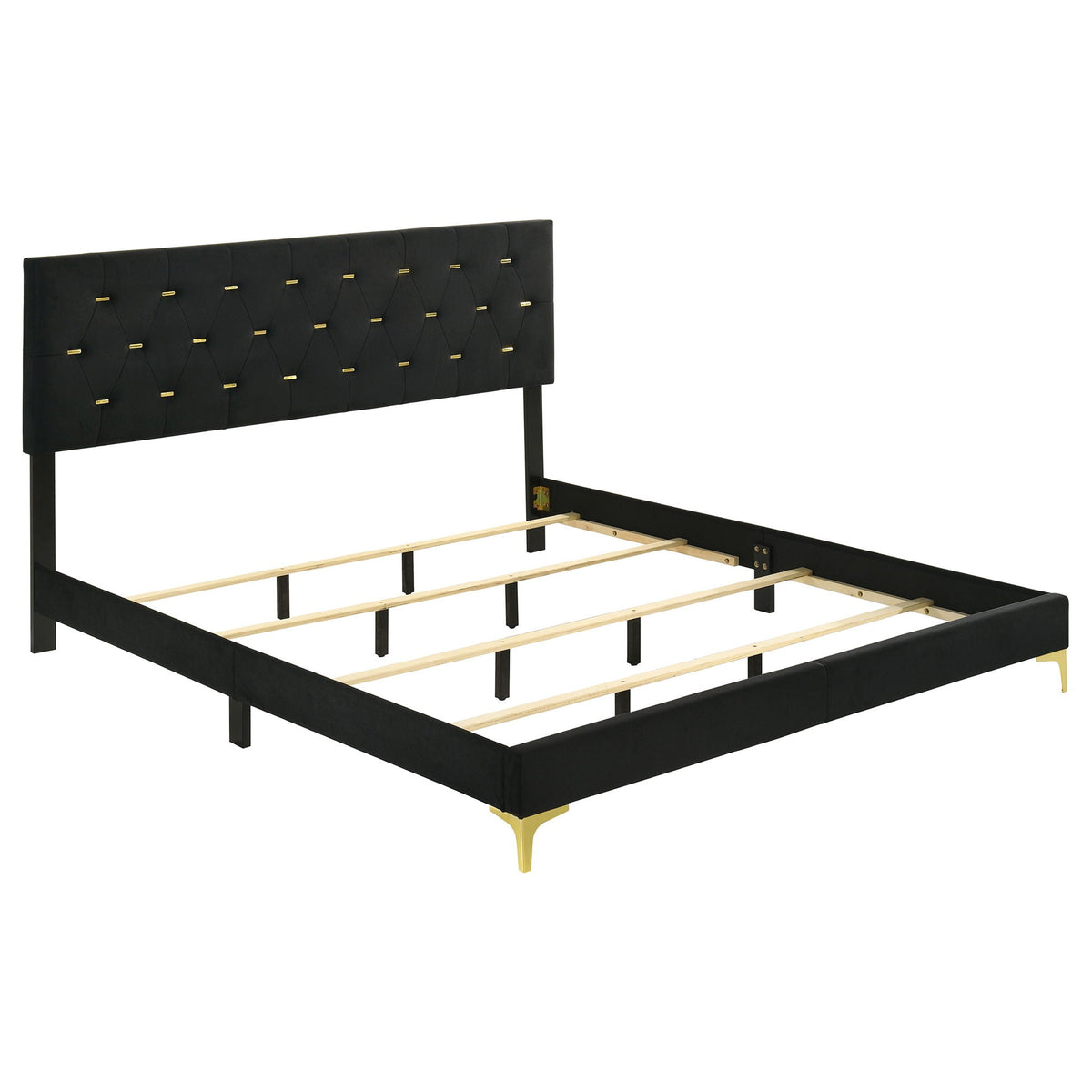 Black platform bed frame with slatted base and gold metal legs