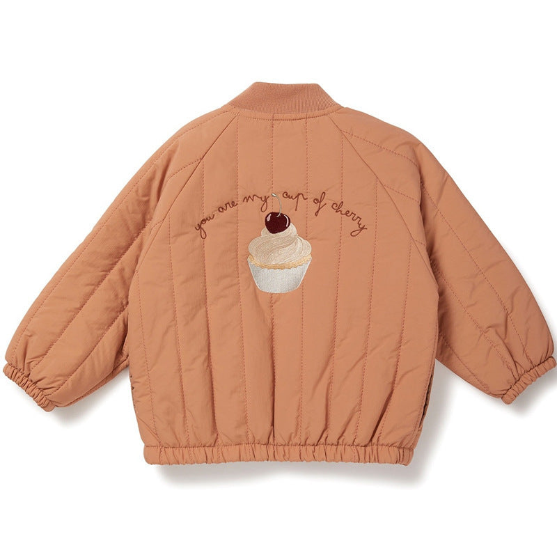 Orange plush cotton boys jacket, quilted with cupcake-and-bear back graphic