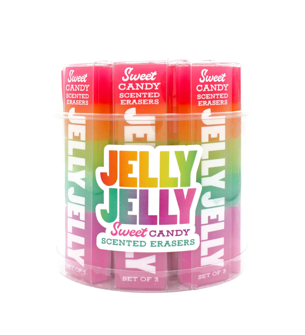 Clear tub of Jelly Jelly sweet-candy scented erasers, rainbow jelly layers