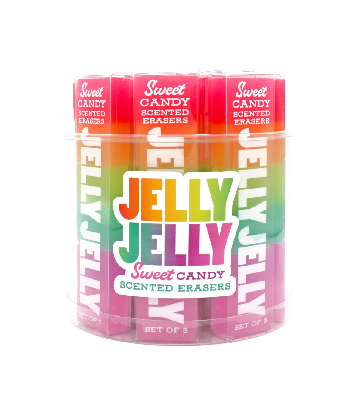 Clear tub of Jelly Jelly sweet-candy scented erasers, rainbow jelly layers