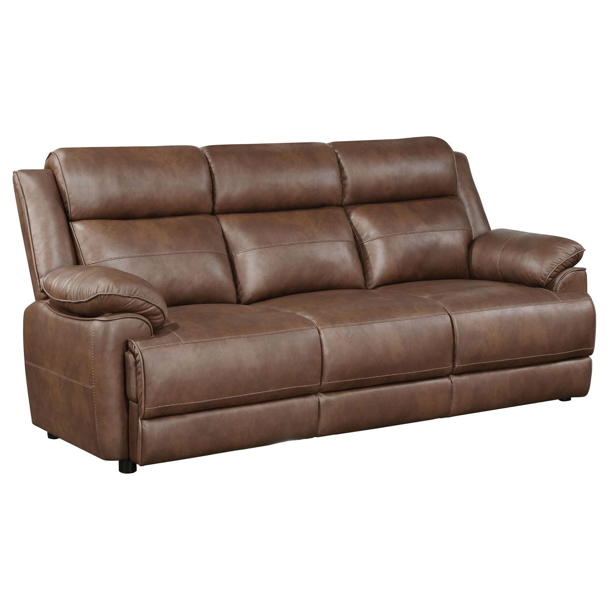 Dark brown upholstered sofa with rolled arms and split back cushions