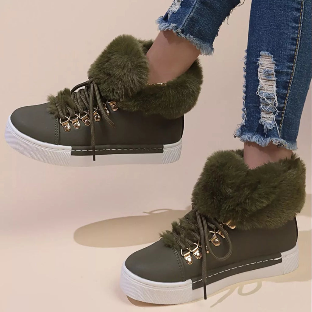 Olive-green lace-up ankle boots with fluffy collar and gold-tone eyelets