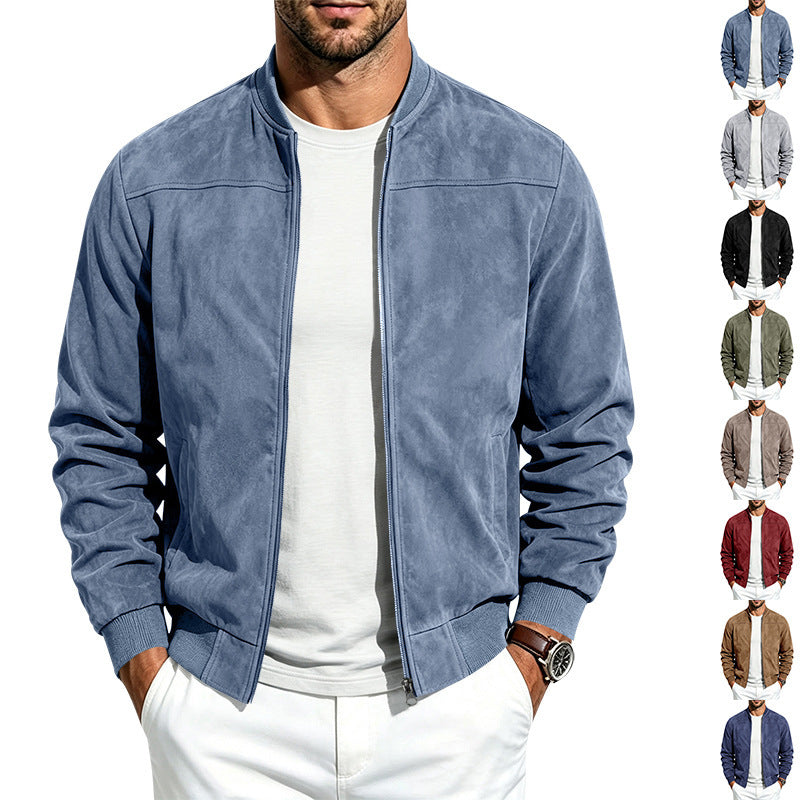 Men's suede zip-up jacket in light blue, full front zipper and long sleeves