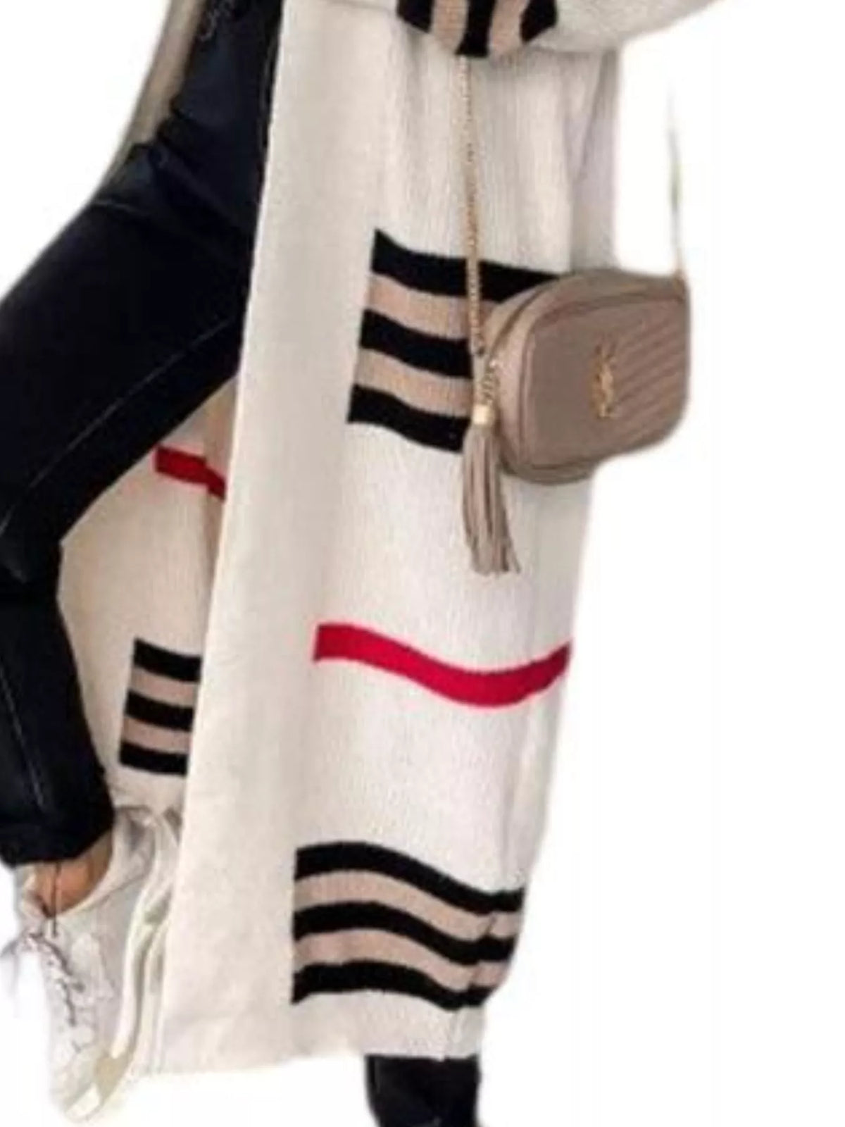 Cream longline open-front cardigan with bold striped hem and sleeve bands, red trim details