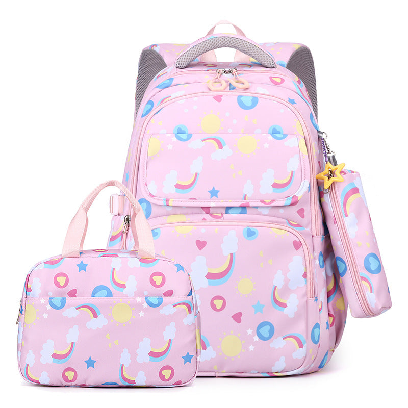 Light pink unicorn-pattern school backpack set with lunch bag and pen pouch
