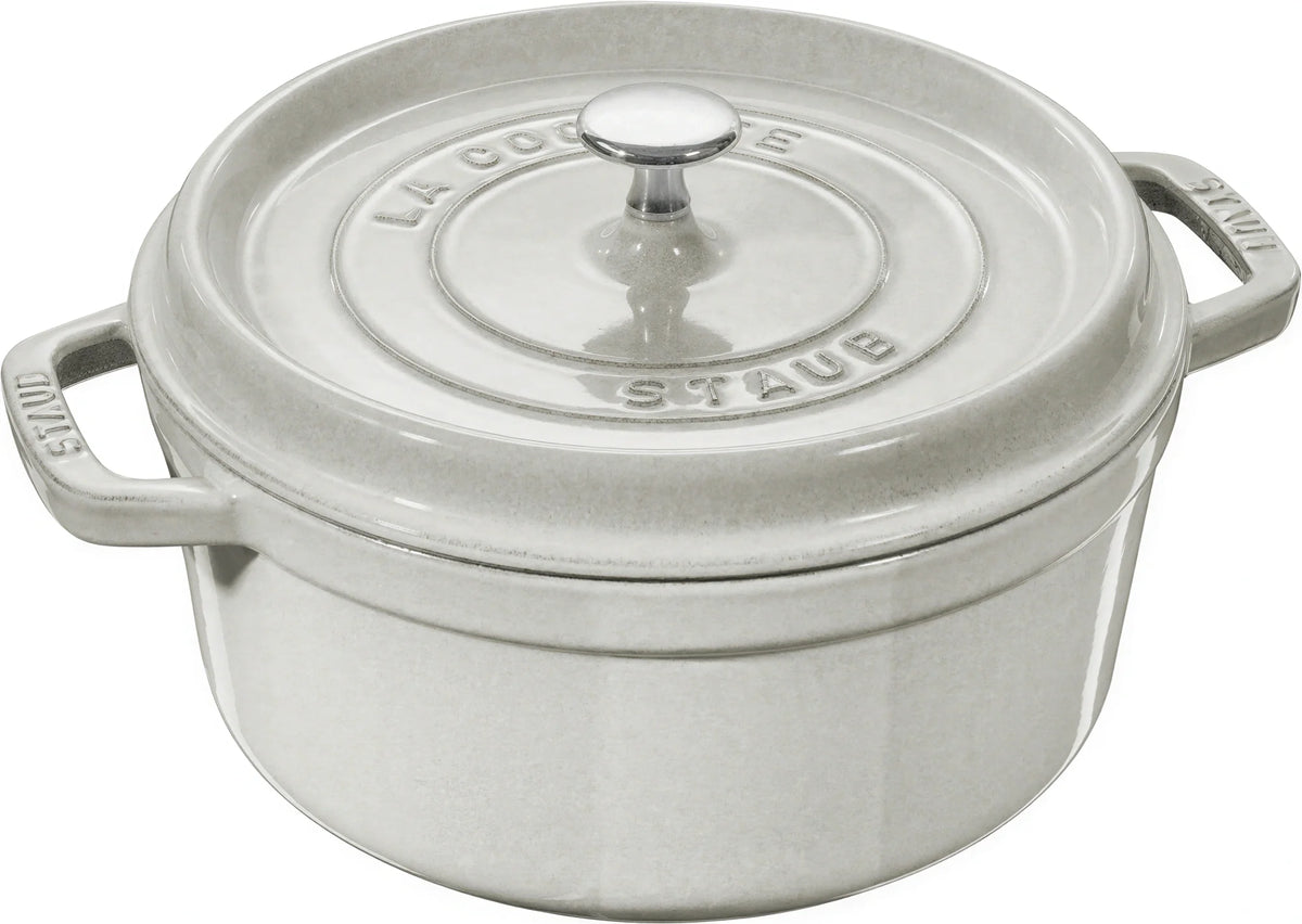 Staub® white enameled cast iron round Dutch oven with lid and side handles