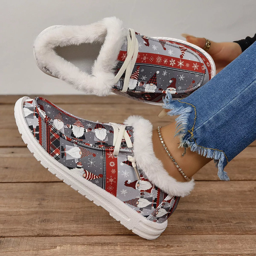 Low-cut Christmas print sneakers with faux fur lining and white lace-up sole