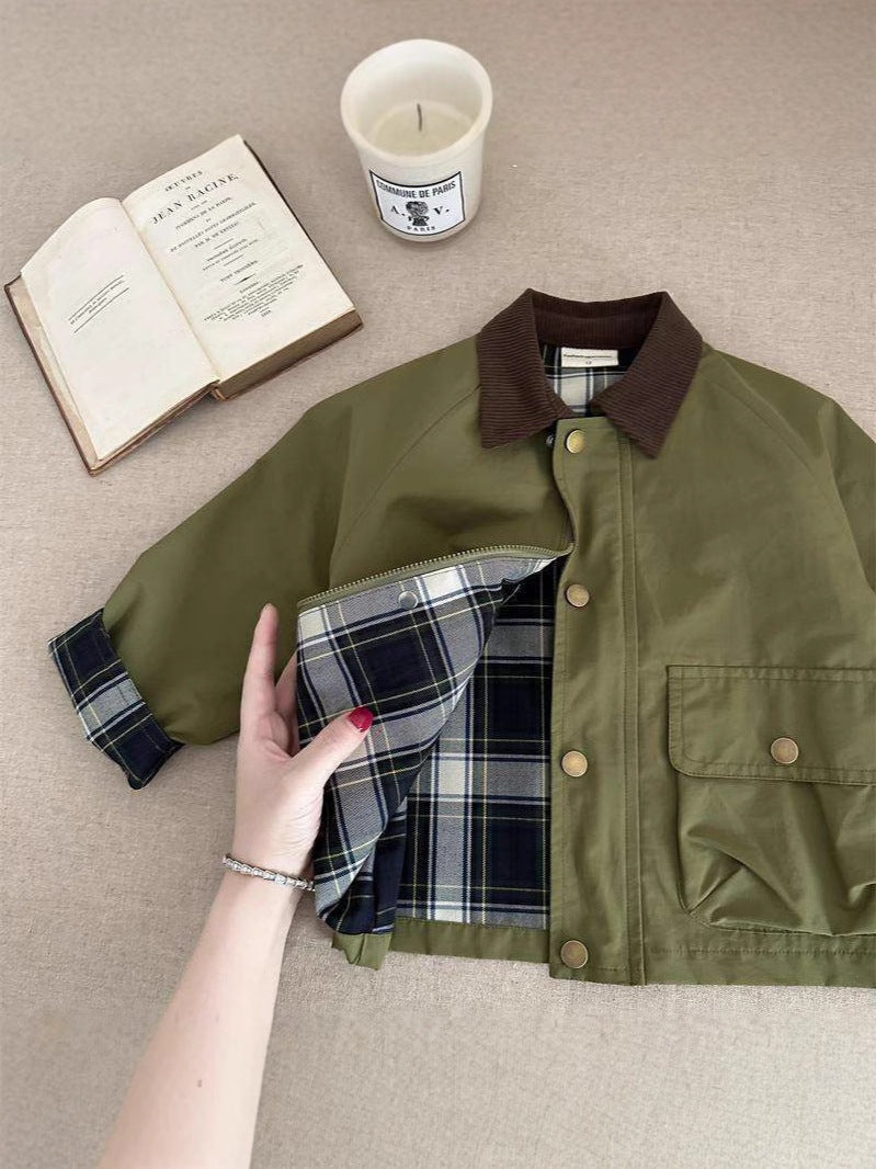 Olive green jacket with plaid patchwork panel, button front, and brown collar