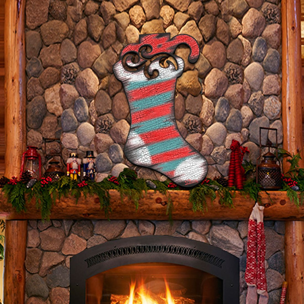 Christmas stocking door decor with red, teal, and silver brick-texture stripes and swirled top