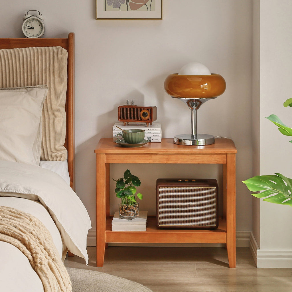 Two-tier wooden side table with a warm brown finish and open storage shelf