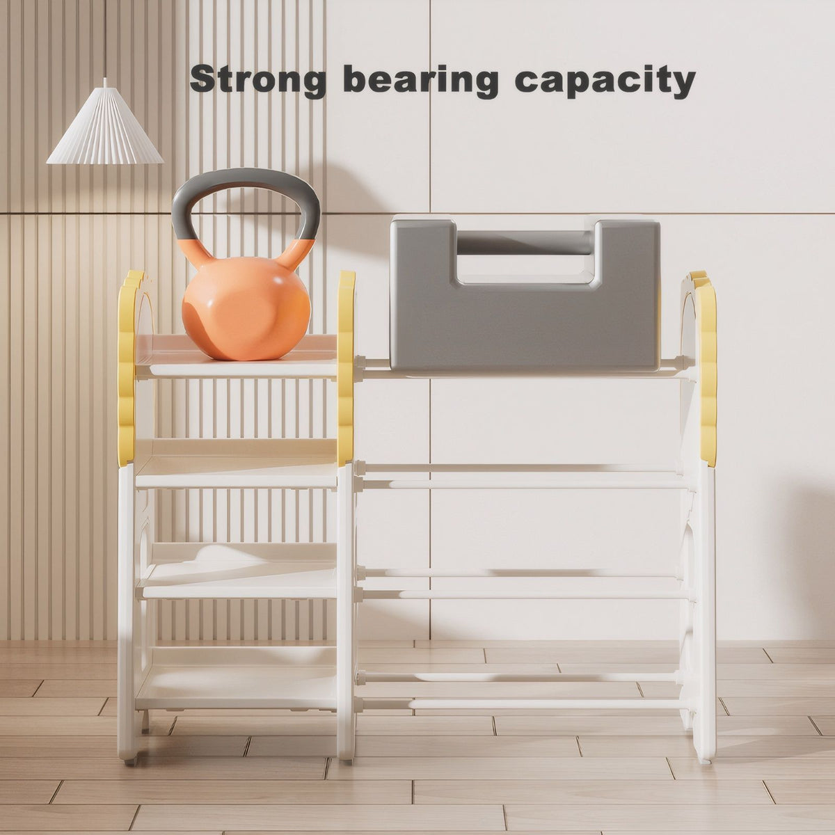 Kids 4-tier toy storage shelf with removable bin, gray frame and yellow side panels