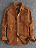 Men’s plus size corduroy long-sleeve button-up shirt with two chest pockets, tan-brown