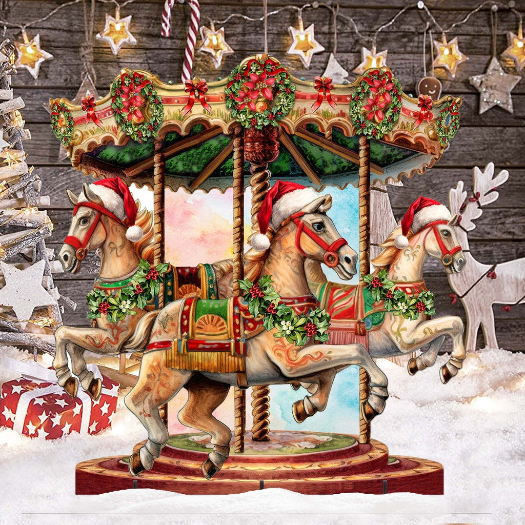 Christmas carousel outdoor decor with carousel horses, garlands, and two winter characters on top