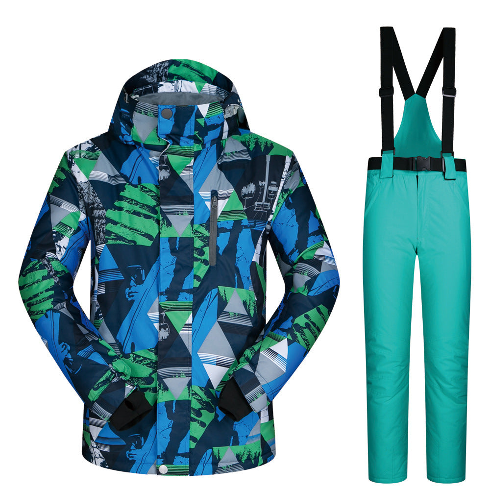 Men's hooded ski jacket and teal bib pants, blue-green graphic winter pattern.