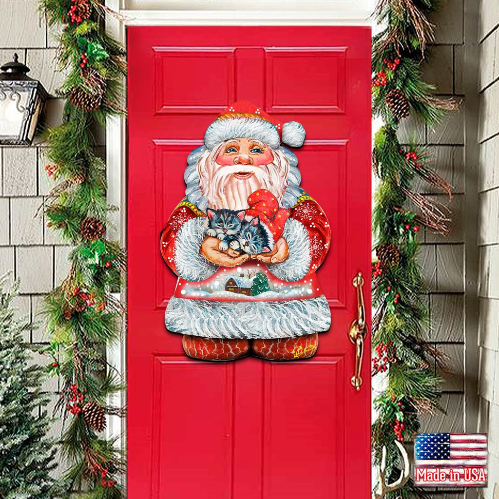 Santa and kitten Christmas door decor hanging ornament with red speckled coat