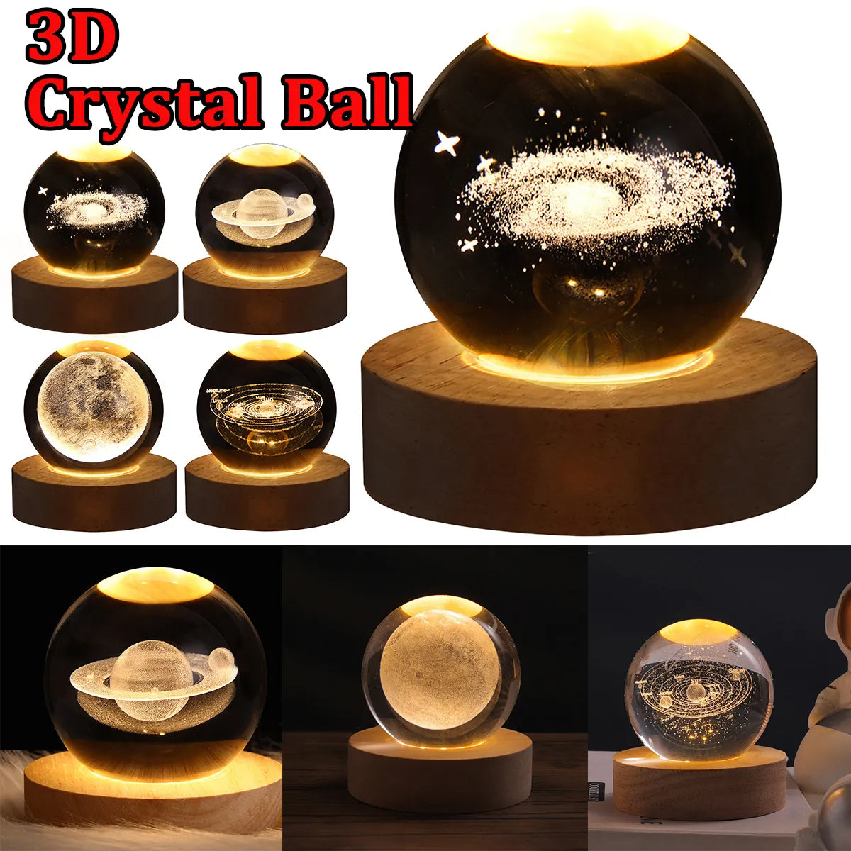 3D crystal ball LED night light table lamp with golden galaxy sparkle glow
