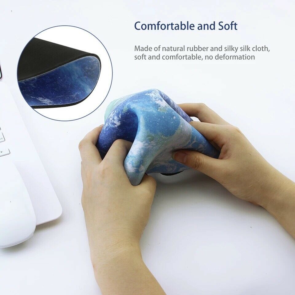 Round blue galaxy mouse pad being bent by hands, soft flexible cloth surface