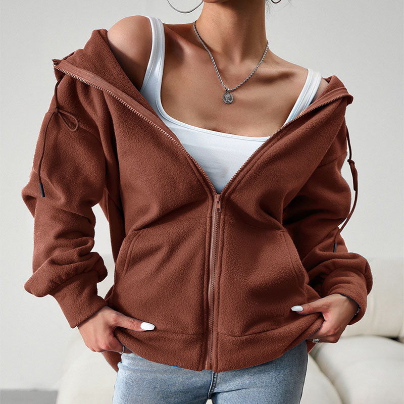 Brown hooded zip-front cardigan jacket with adjustable drawstring and pockets