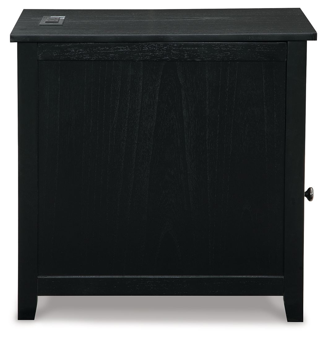Black chair side end table with flat top and cabinet door with side knob