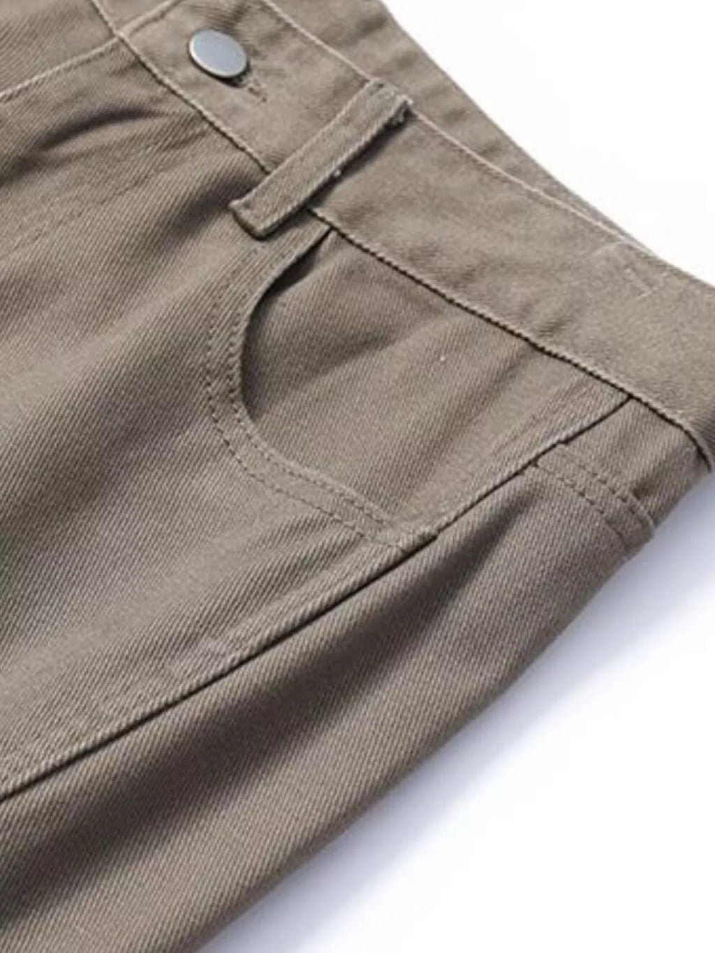 Brown casual pants front with snap button and slanted pockets