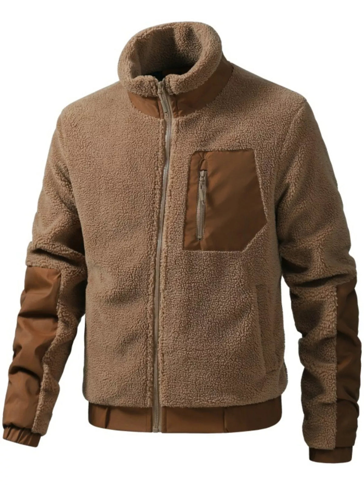 Men's sherpa fleece zip-up jacket, tan-brown, stand collar, chest pocket, ribbed cuffs