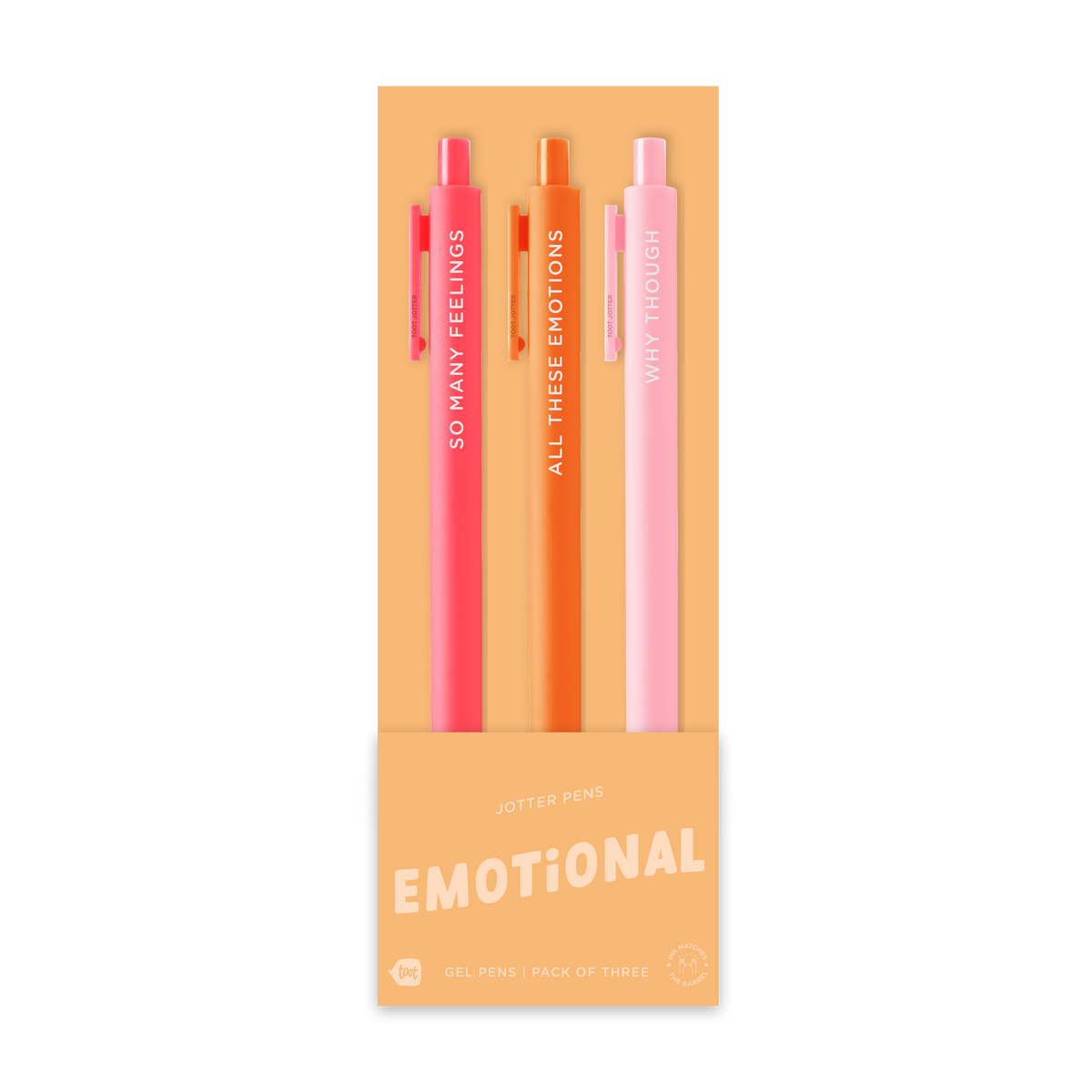 3-pack gel pen set: pink, orange, peach pens with vertical “EMOTIONAL” style barrel text.