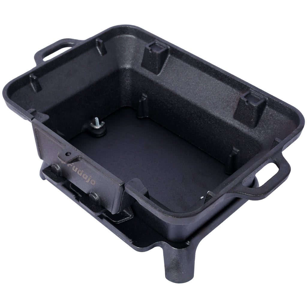 Oval cast iron grill inner basin with side handles and latch controls, dark enamel
