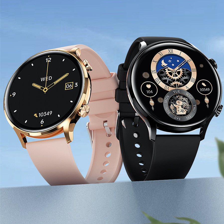 Sports smartwatch with gold case on pink silicone strap and black case on black silicone strap