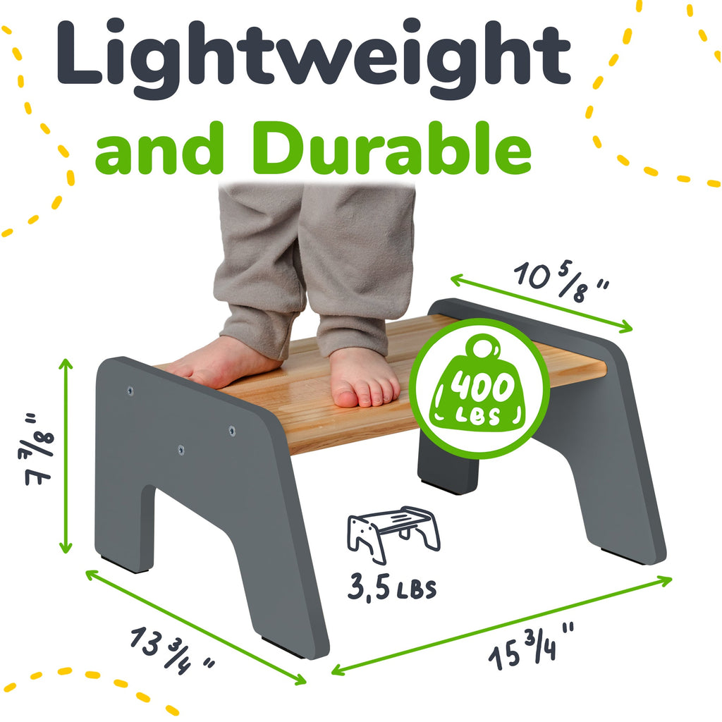 Gray step stool with wooden platform and child standing on top