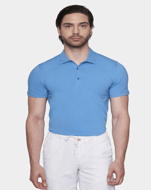 Blue mercerized cotton polo shirt, short sleeves, buttoned pointed collar