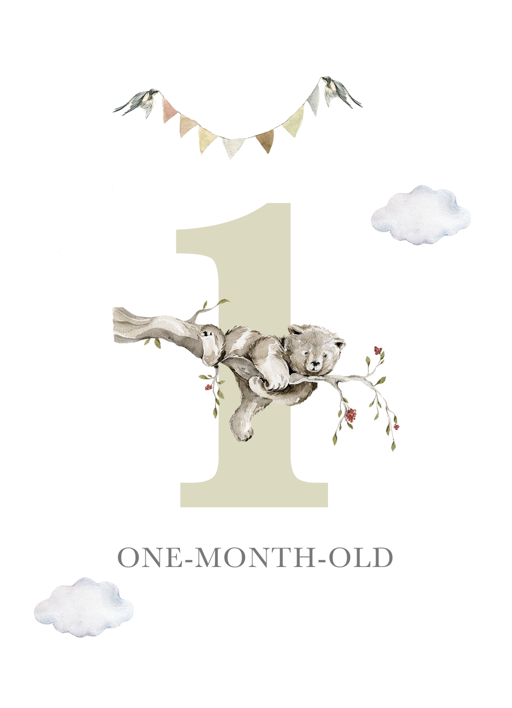 One-month-old milestone card with koala, number “1,” and age text