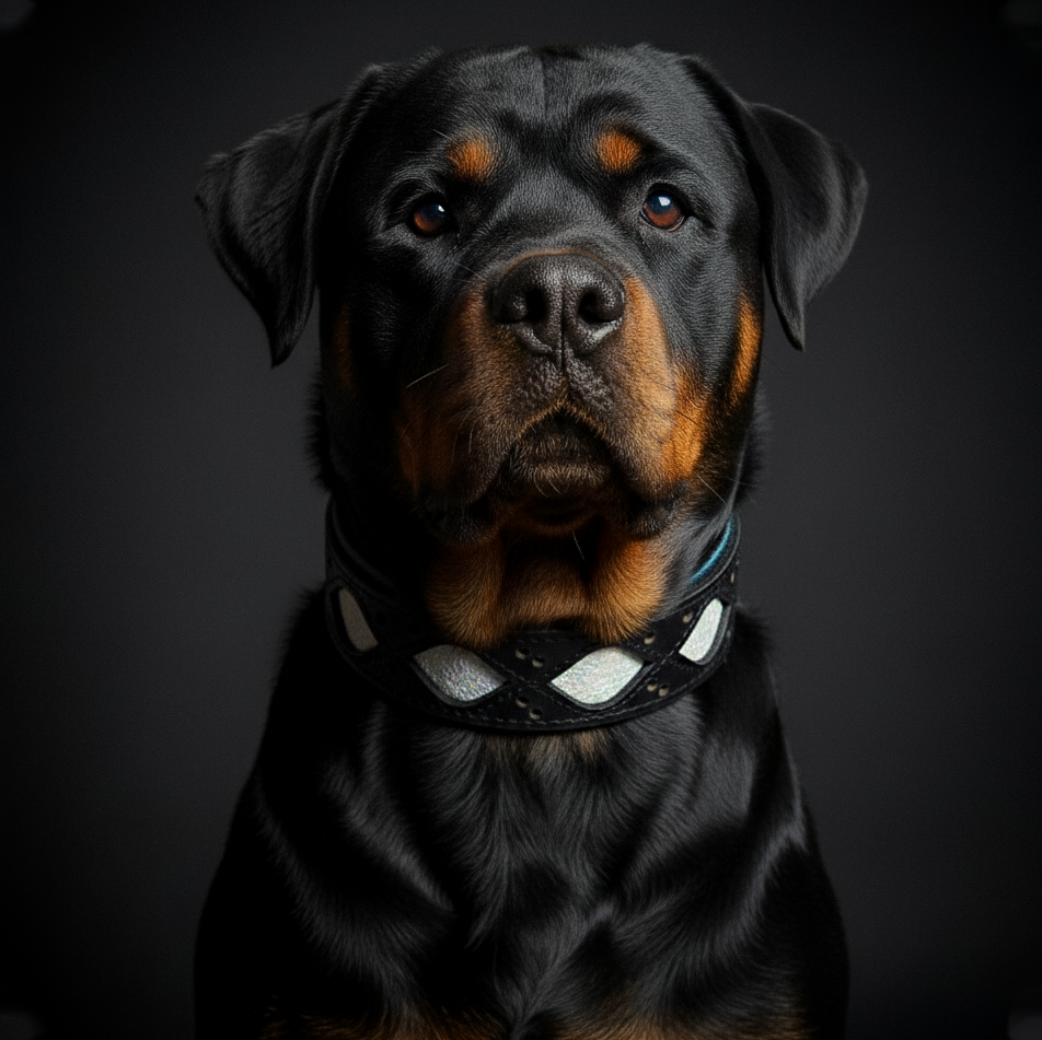 Rottweiler wearing a black dog collar with teal piping and light geometric patches